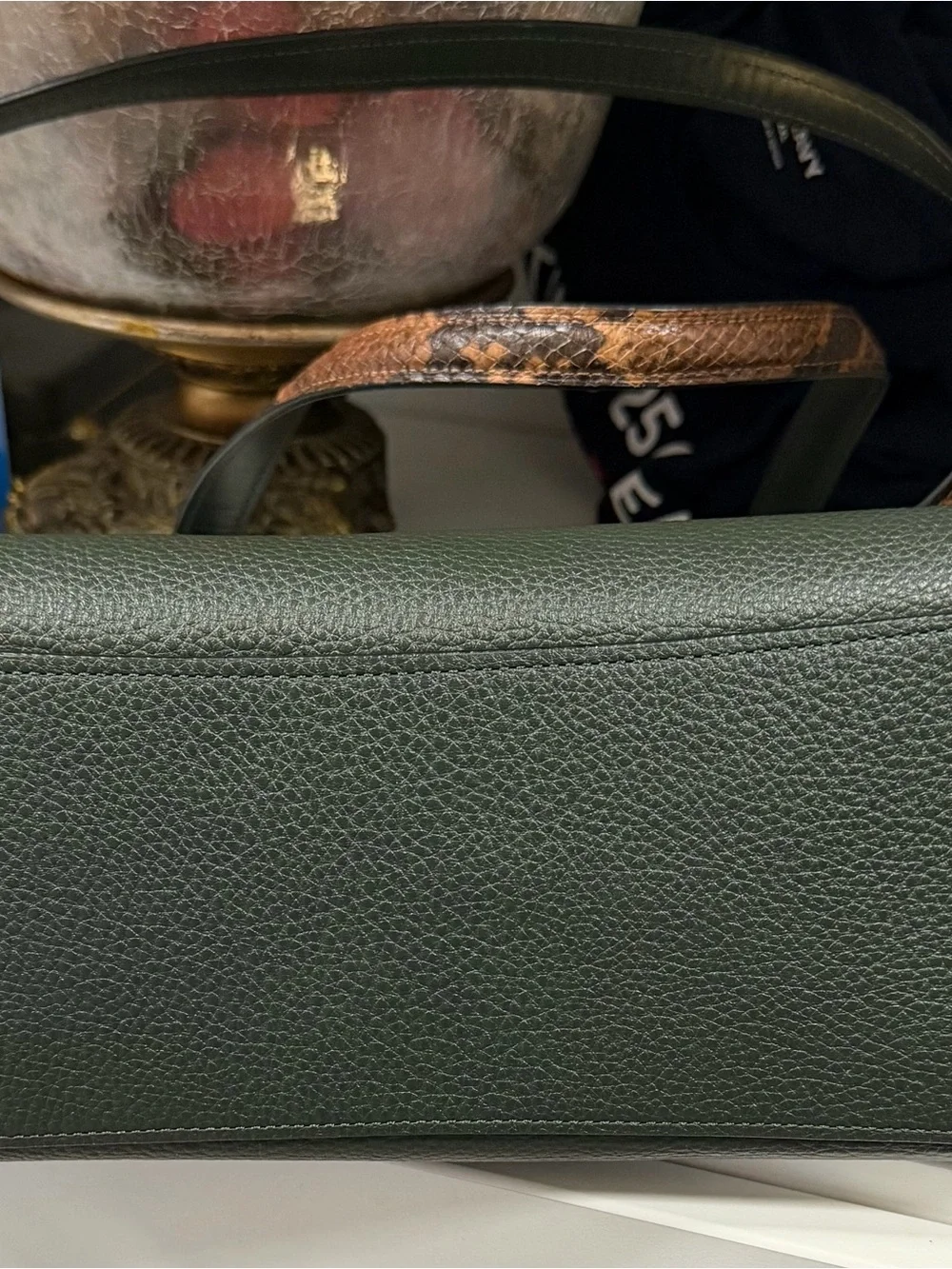 Coach Forest Green Pebbled Leather Satchel with Snake-Print Straps
